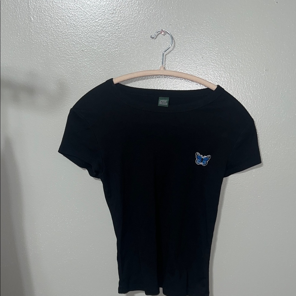 Wild Fable Black Tee with Blue Butterfly Accent
